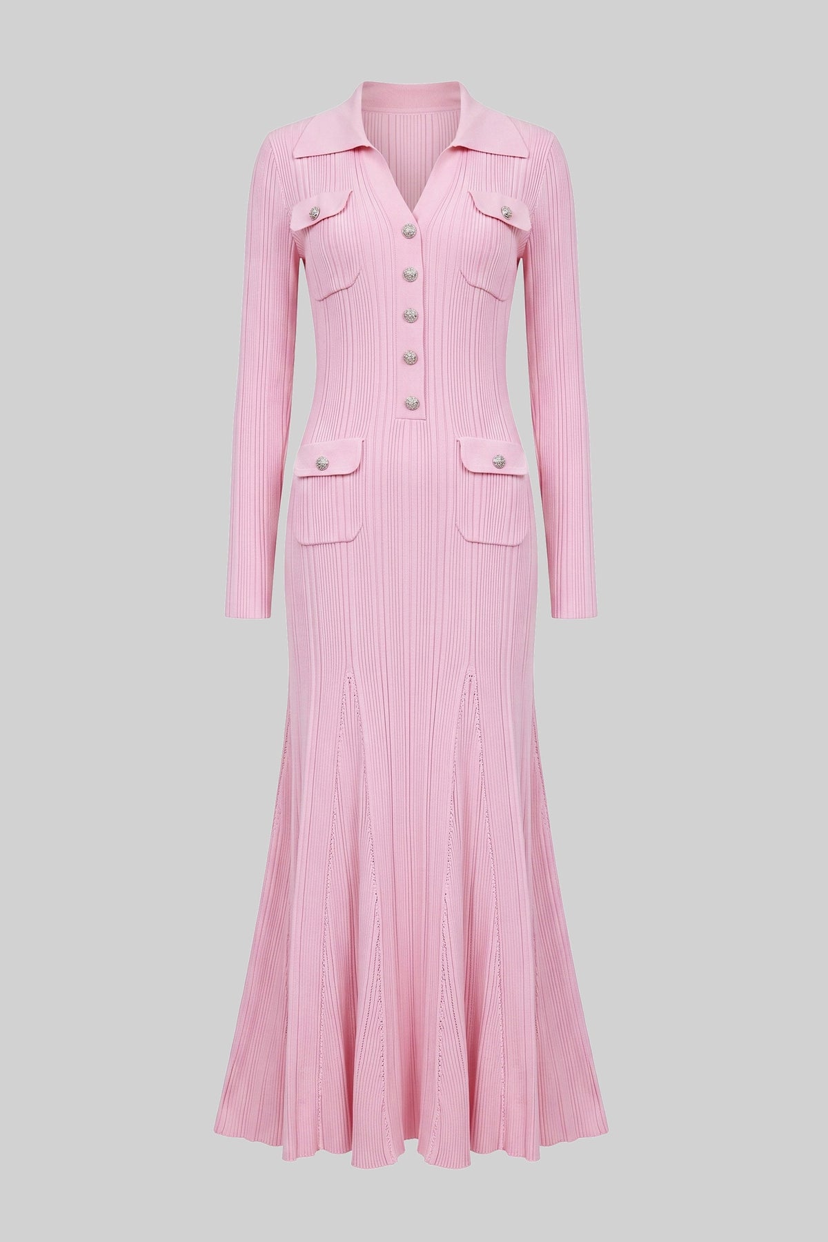 Long Sleeve Button-Front Knit Maxi Dress with Patch Pockets – Pink