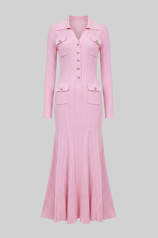 Long Sleeve Button-Front Knit Maxi Dress with Patch Pockets – Pink