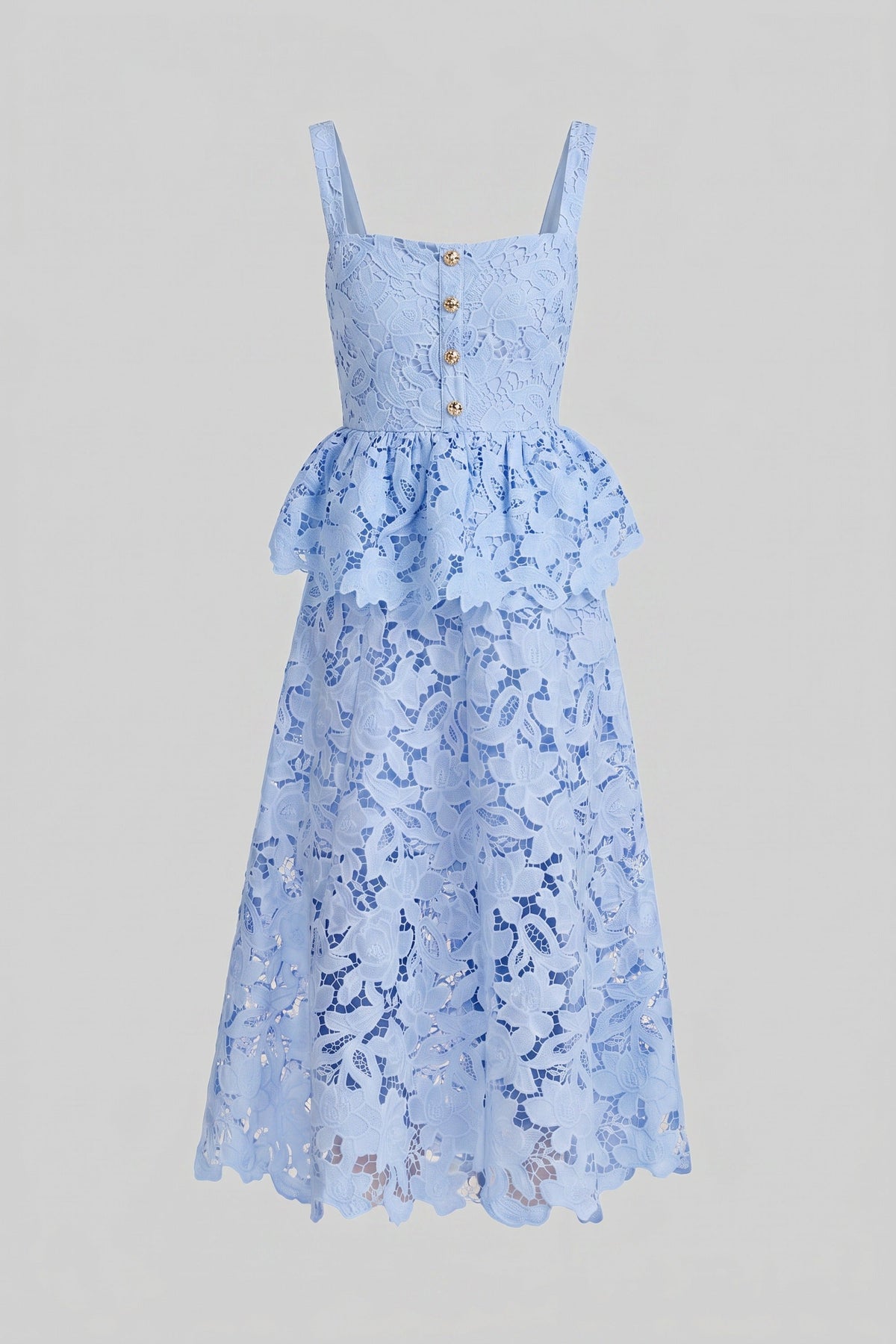 Sleeveless Lace Peplum Midi Dress with Golden Buttons – Blue – view 5