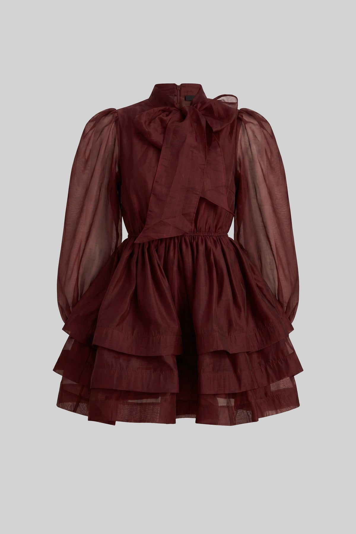 High Neck Bow Puff Sleeve Mini Dress with Tiered Ruffle Skirt – Wine – view 3