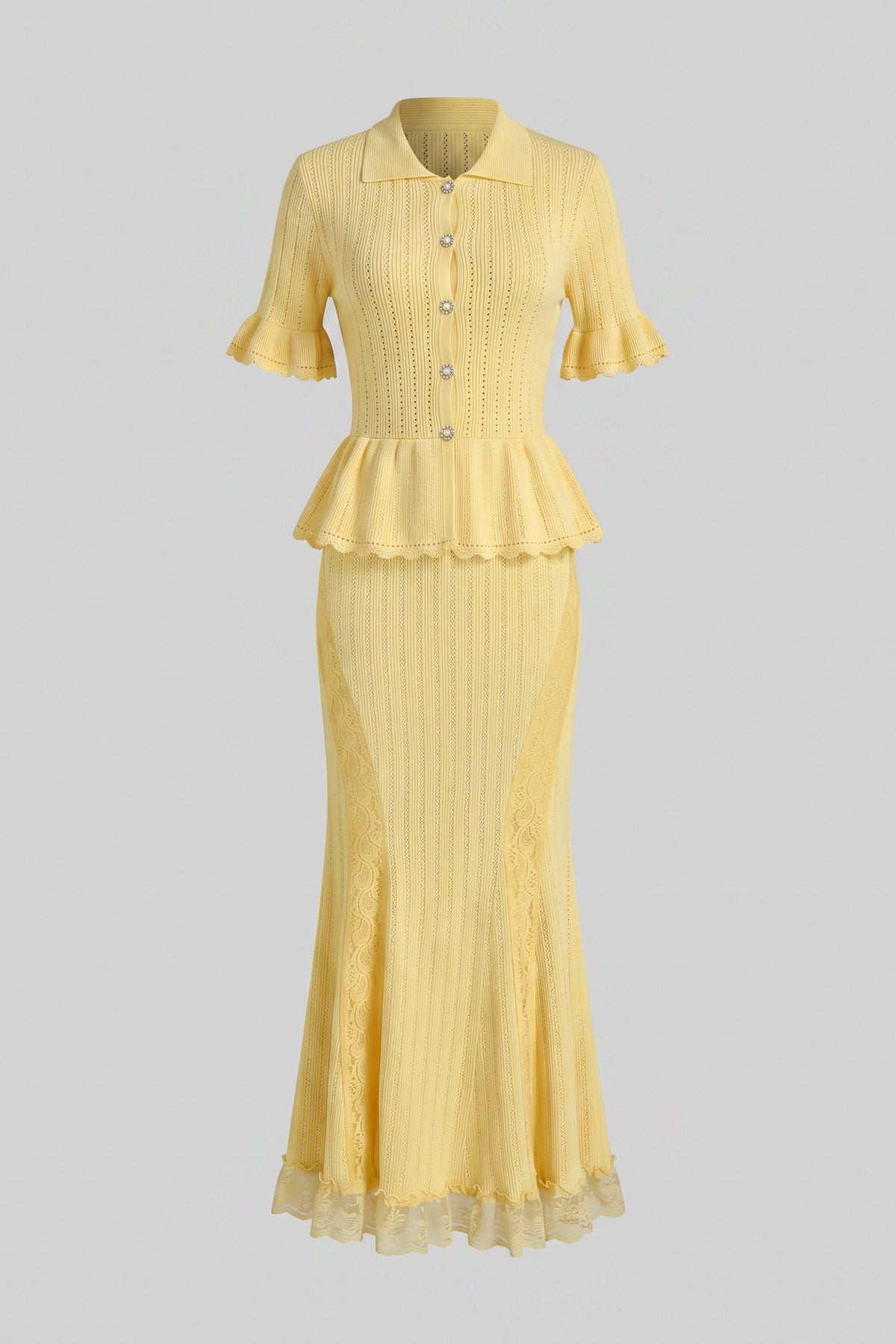 Peter Pan Collar Knit Peplum Maxi Dress with Ruffle Sleeves and Lace Hem – Yellow – view 2