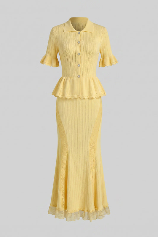 Peter Pan Collar Knit Peplum Maxi Dress with Ruffle Sleeves and Lace Hem – Yellow – view 2