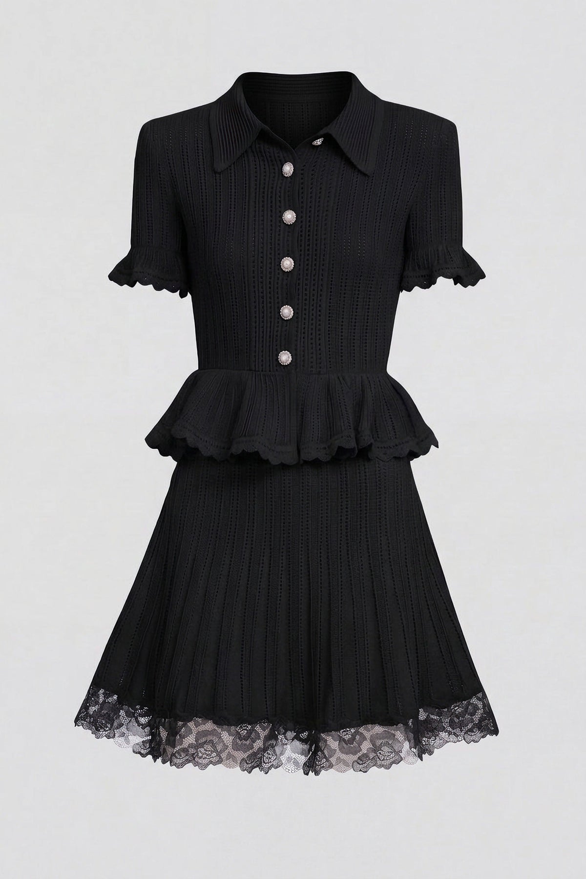 Polo Collar Ribbed Knit Peplum Top and Mini Skirt Set – Black – view 2