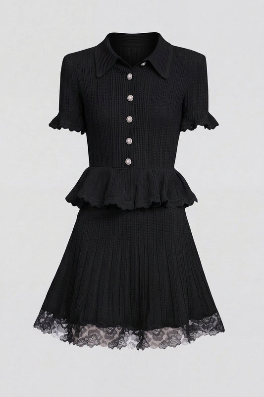 Polo Collar Ribbed Knit Peplum Top and Mini Skirt Set – Black – view 2