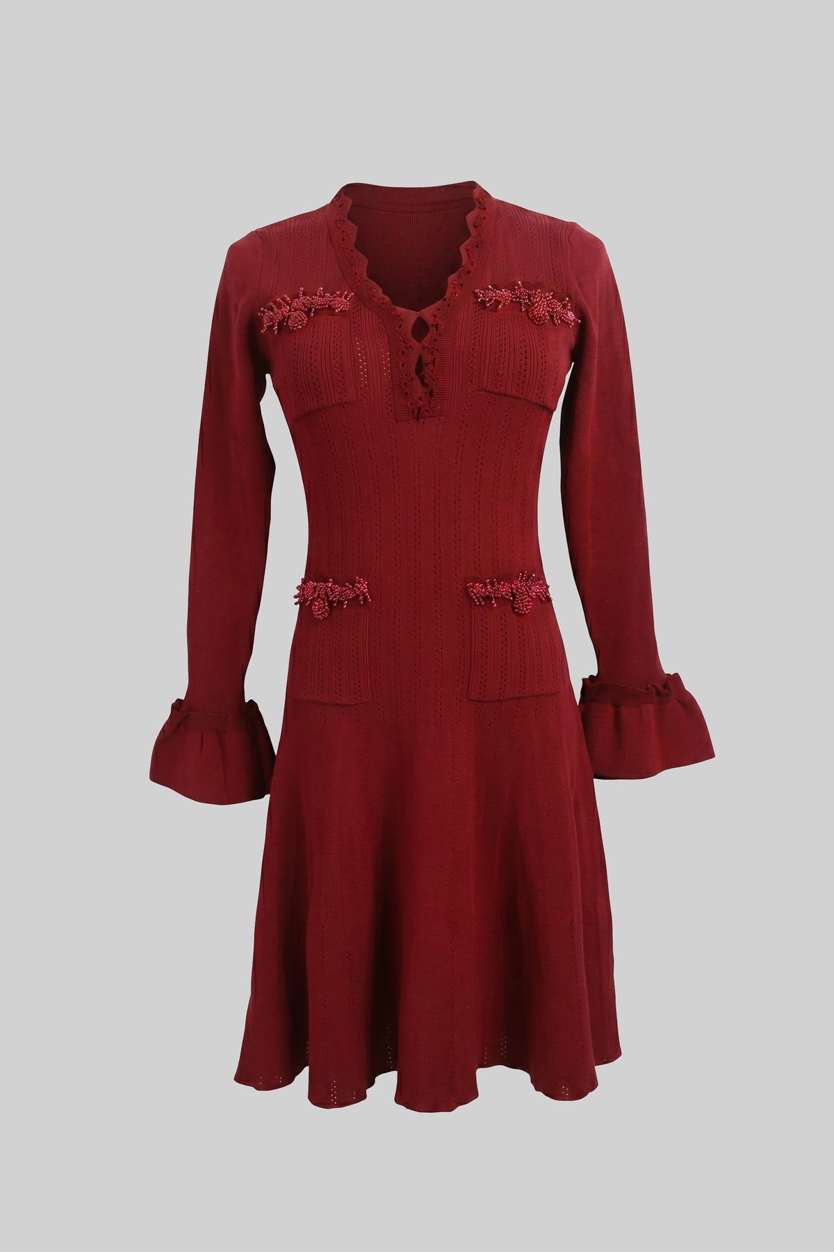 V-Neck Ribbed Knit Mini Dress with Ruffle Hem and Bow Cuffs – Burgundy – view 2