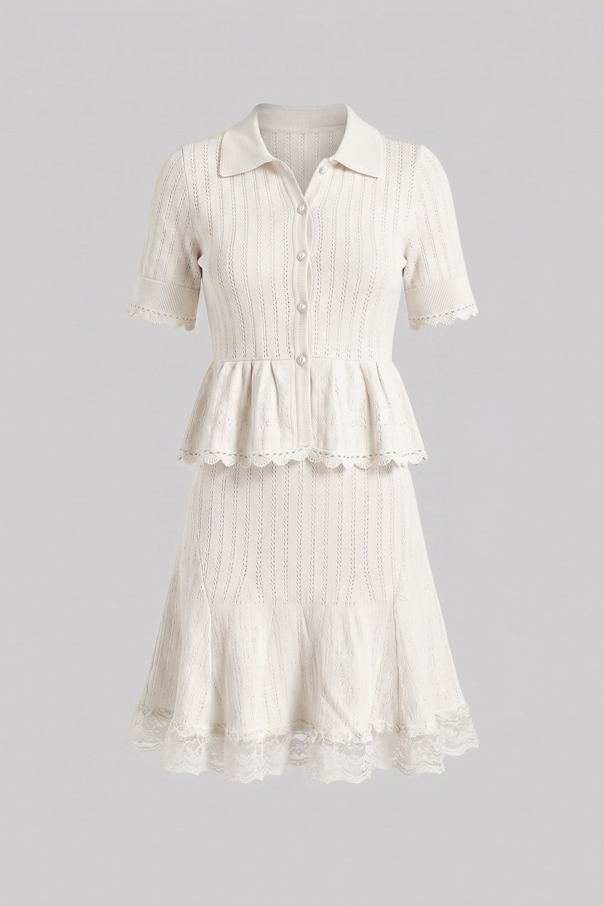 Polo Collar Ribbed Knit Peplum Top and Mini Skirt Set – White – view 2