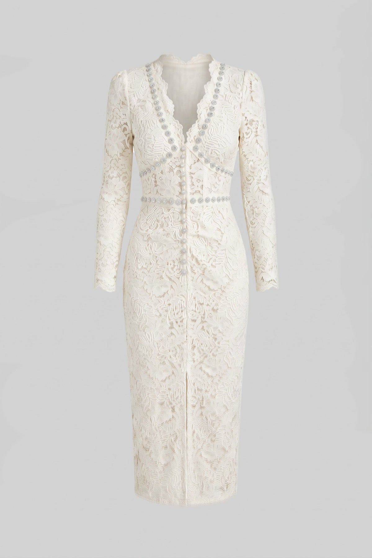 Lace Long Sleeve Dress with Crystal V-Neckline and Ruched Front – Ivory – view 5