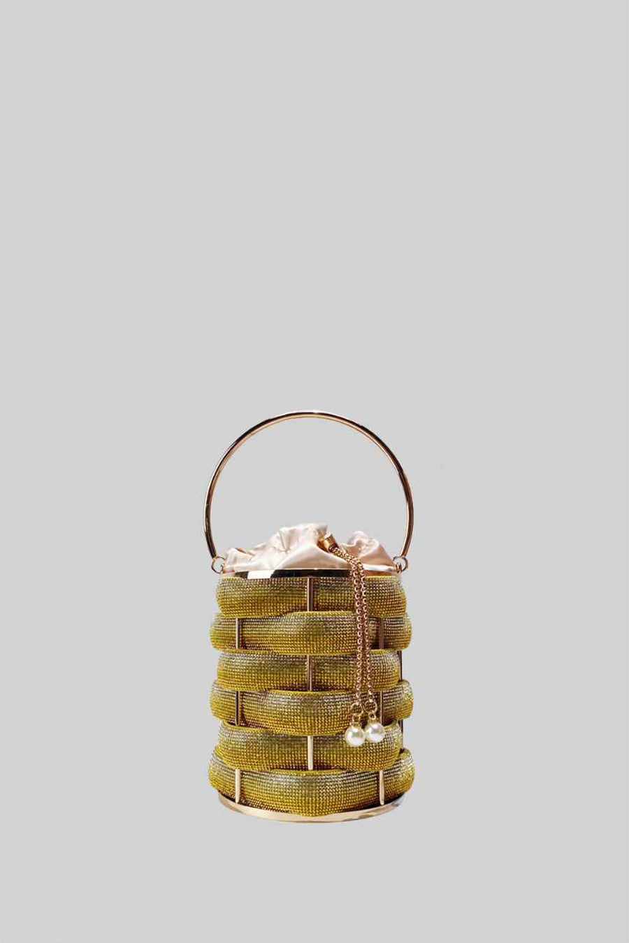 Beaded Mini Bucket Bag with Satin Drawstring Closure – Gold – view 5