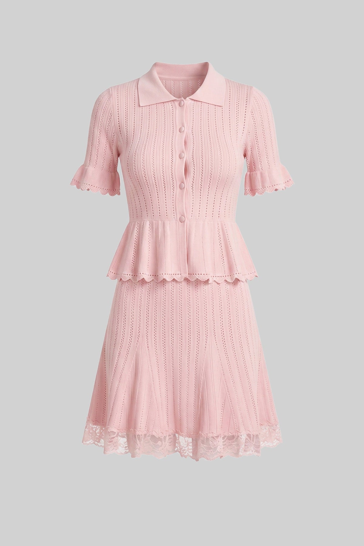 Peter Pan Collar Knit Peplum Top and Mini Skirt Set with Lace Hem – Pink – view 5