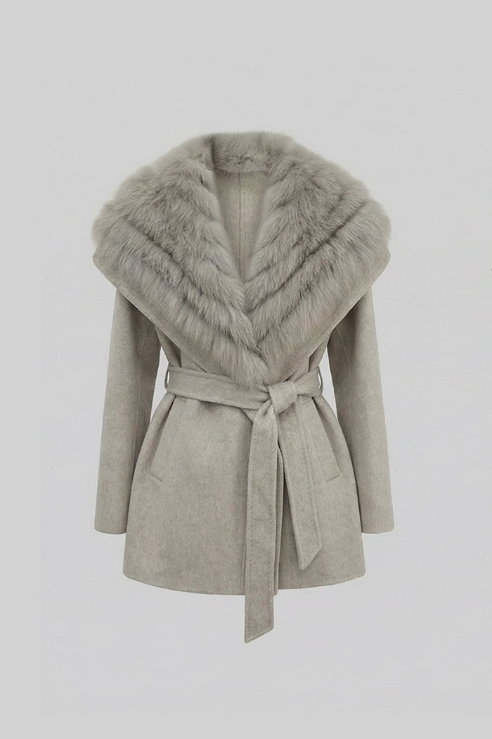 Wool Blend Coat with Oversized Shawl Collar and Belt – Light Grey – view 2