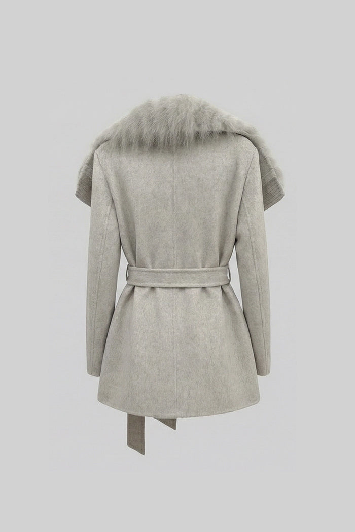 Wool Blend Coat with Oversized Shawl Collar and Belt – Light Grey – view 4