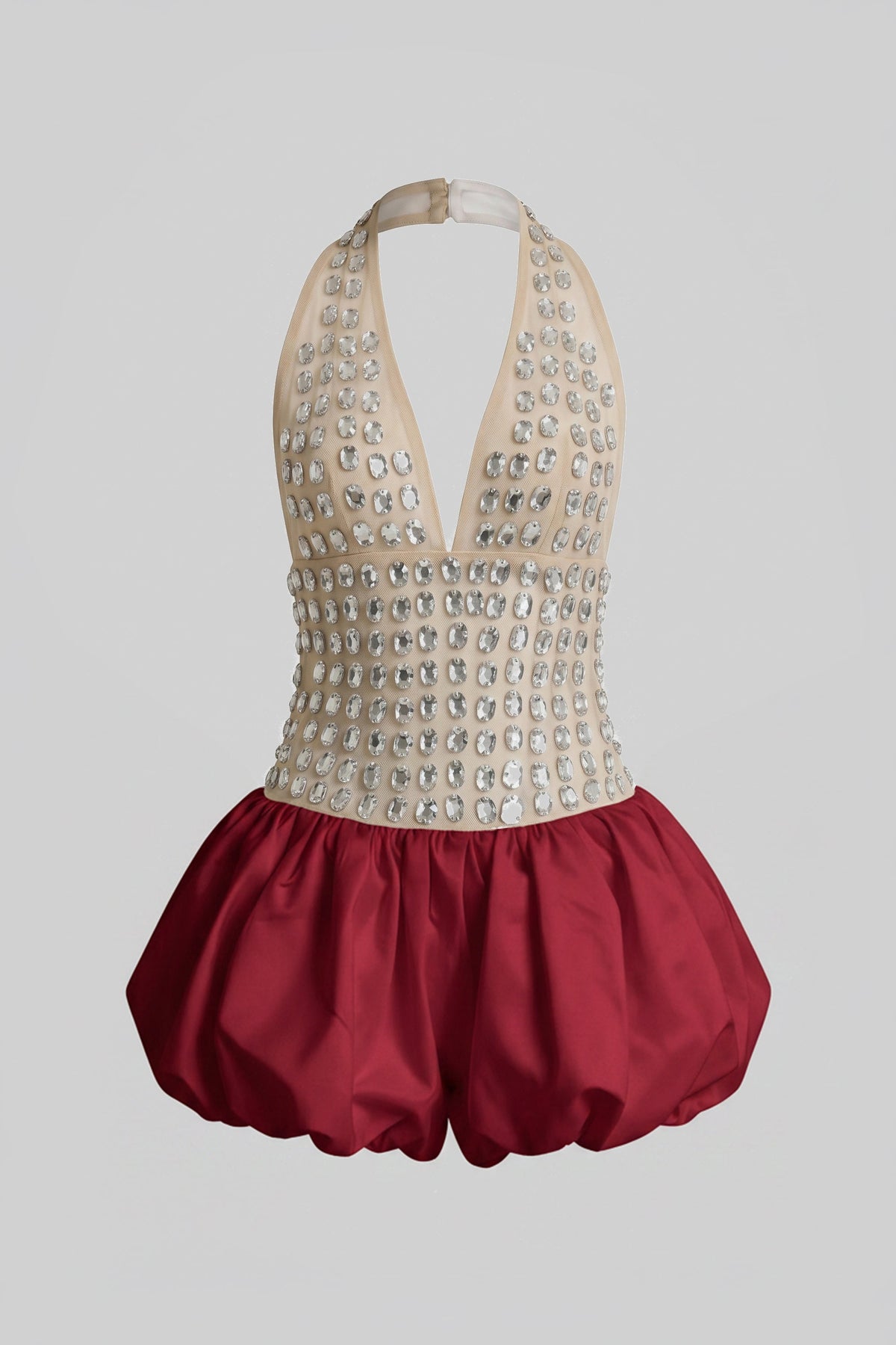 Deep V Halter Crystal Embellished Mini Dress with Bubble Skirt – Red – view 2