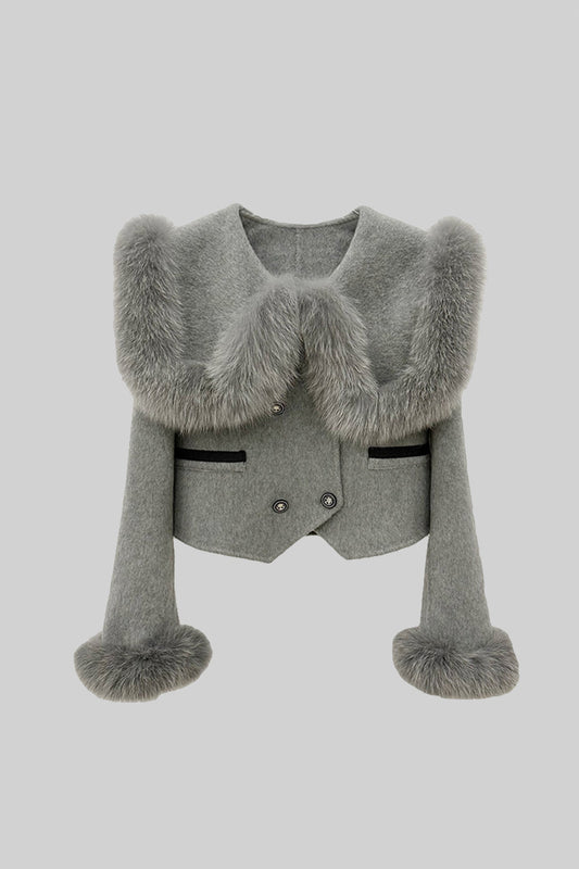 Double-Breasted Cropped Jacket with Trimmed Collar and Cuffs – Grey – view 2