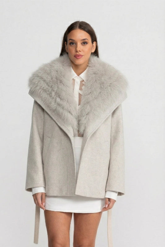 Wool Blend Coat with Oversized Shawl Collar and Belt – Light Grey