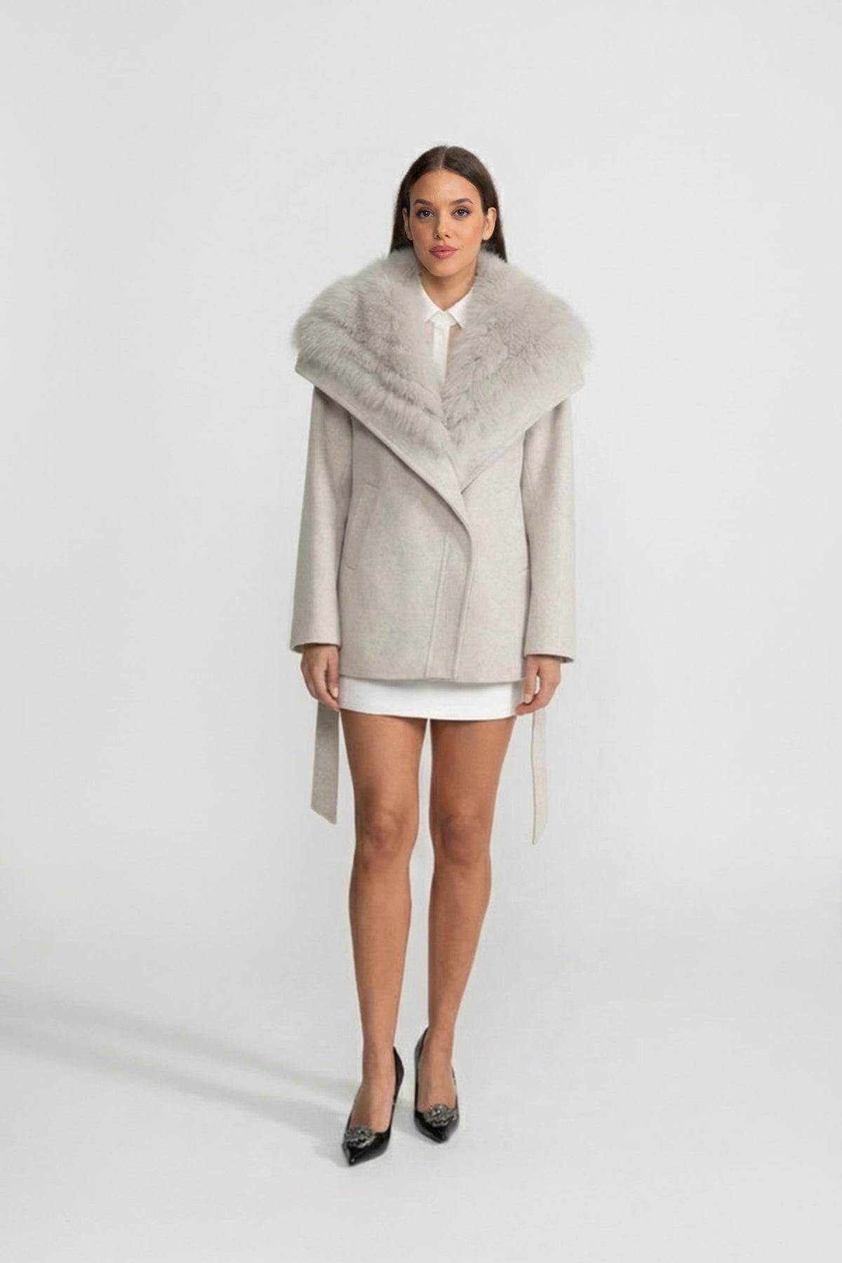 Wool Blend Coat with Oversized Shawl Collar and Belt – Light Grey – view 3