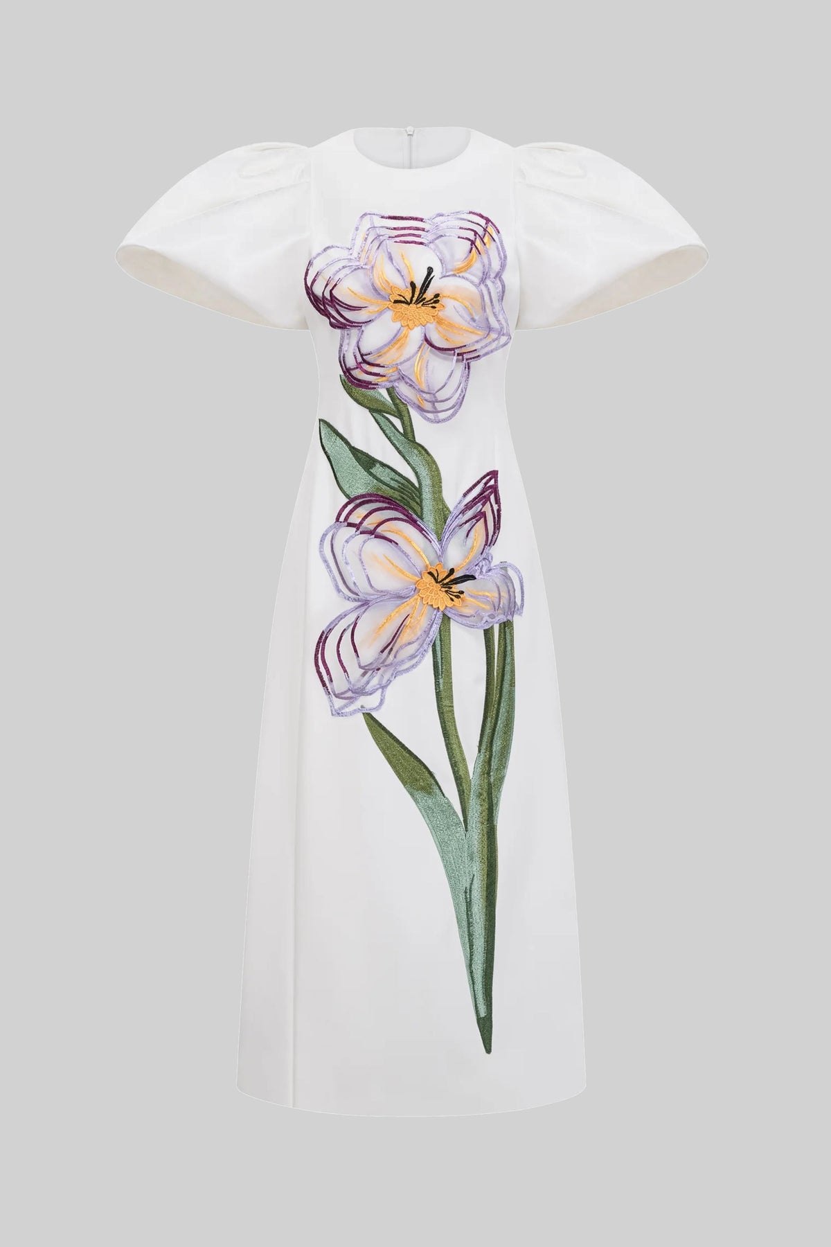 Structured Shoulder Maxi Dress with 3D Iris and Leaf Appliqué – White – view 2