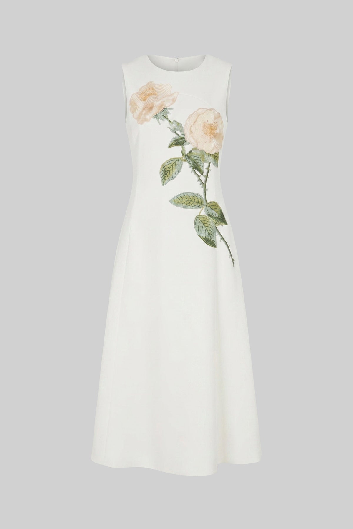 Round Neck Midi Dress with 3D Floral Appliqué and Full Skirt – White
