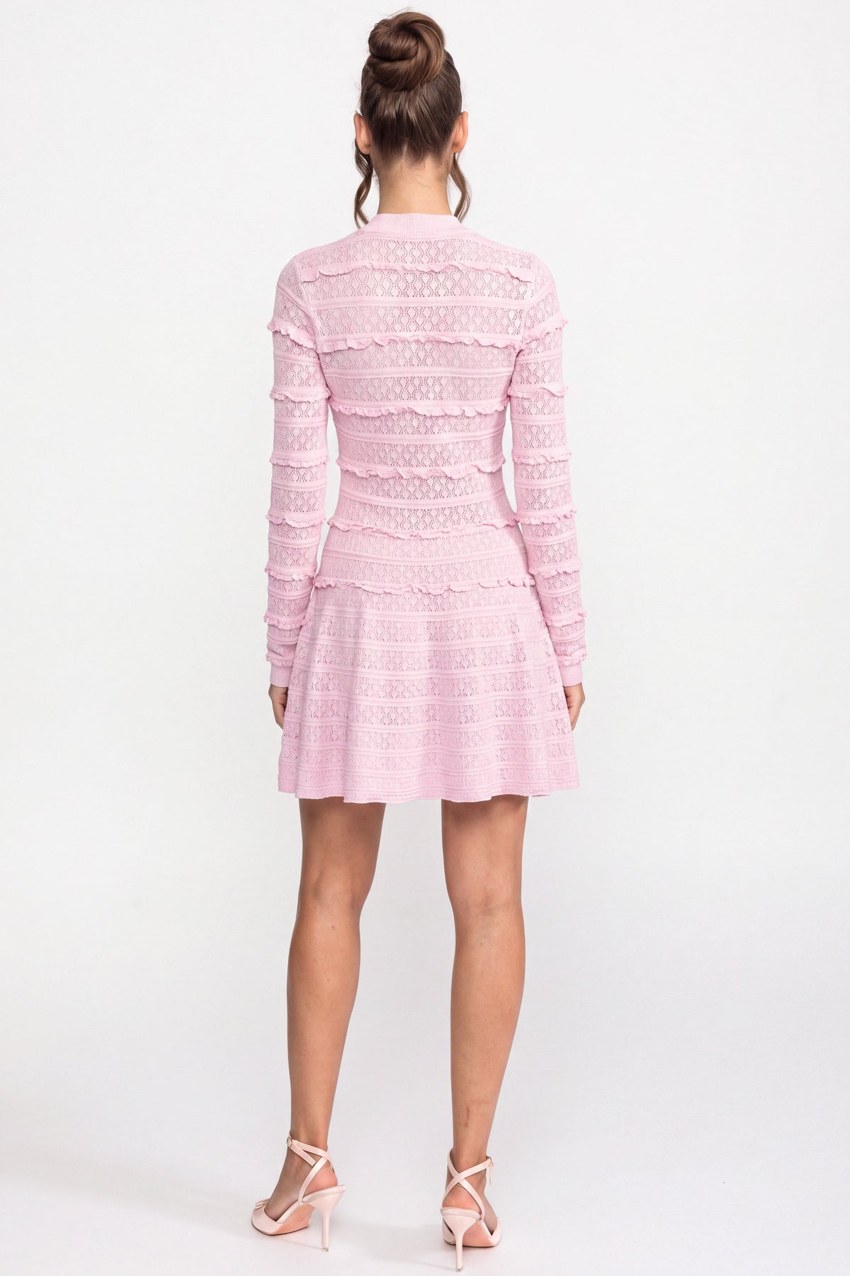 V-Neck Knit Fit and Flare Mini Dress with Crystal Buttons – Pink – view 7