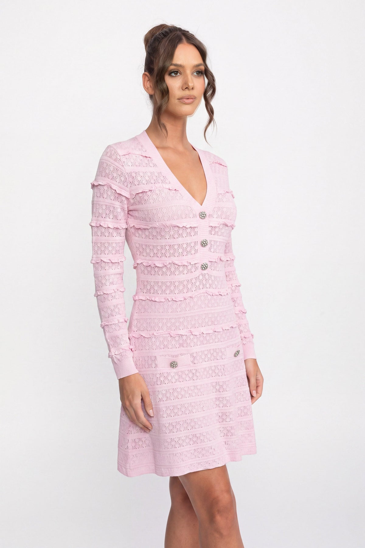 V-Neck Knit Fit and Flare Mini Dress with Crystal Buttons – Pink – view 2