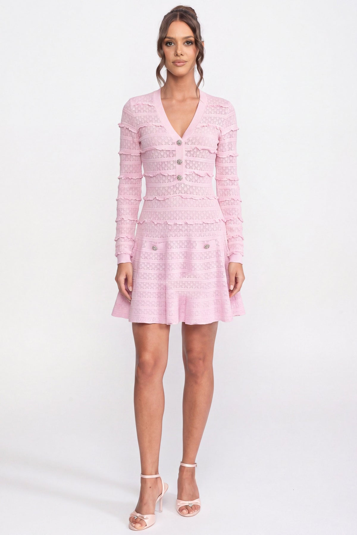 V-Neck Knit Fit and Flare Mini Dress with Crystal Buttons – Pink