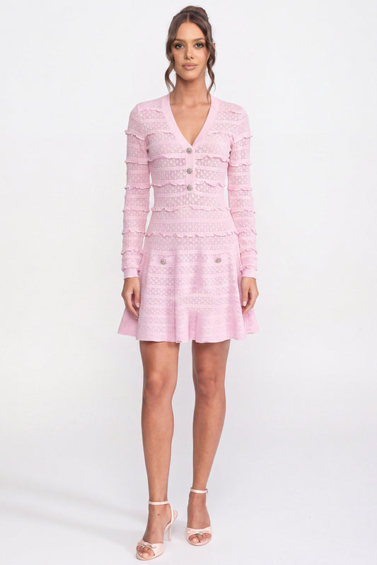V-Neck Knit Fit and Flare Mini Dress with Crystal Buttons – Pink