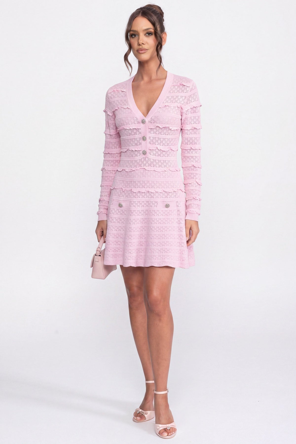 V-Neck Knit Fit and Flare Mini Dress with Crystal Buttons – Pink
