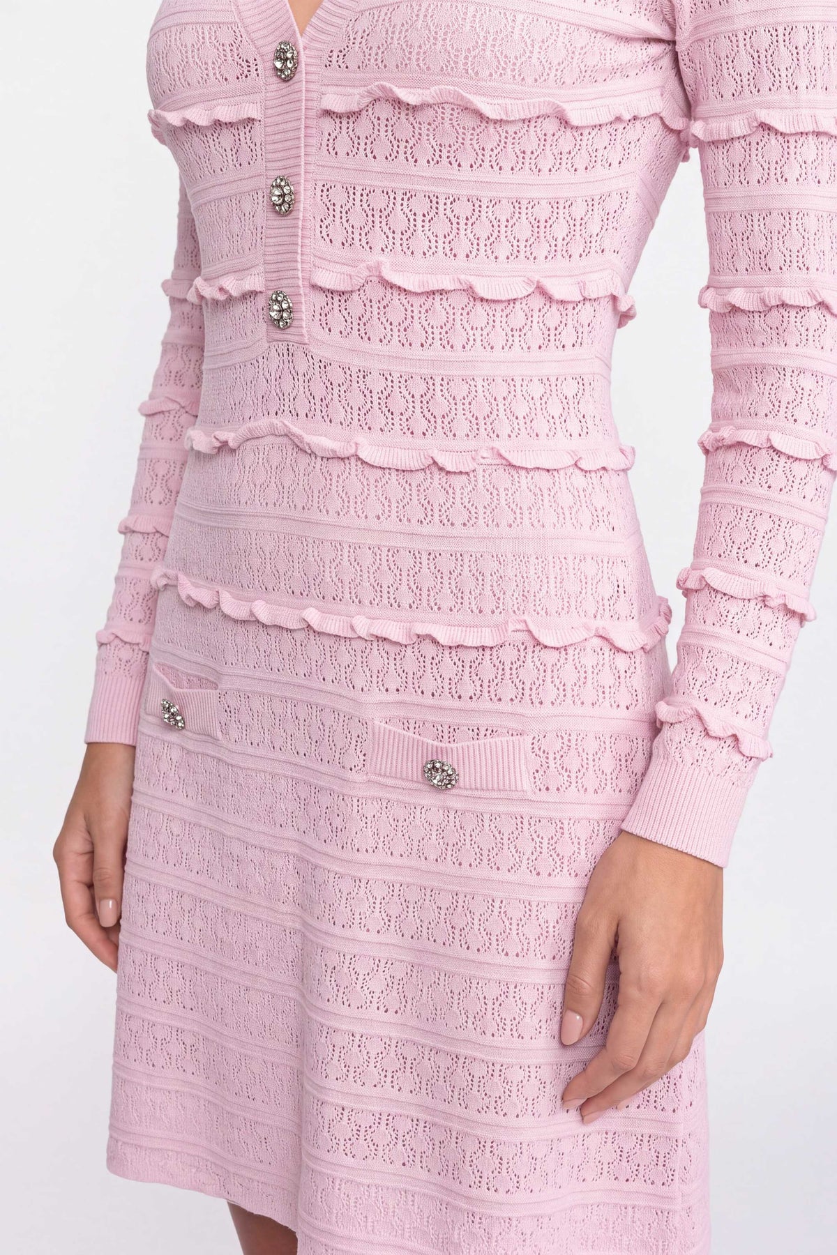 V-Neck Knit Fit and Flare Mini Dress with Crystal Buttons – Pink