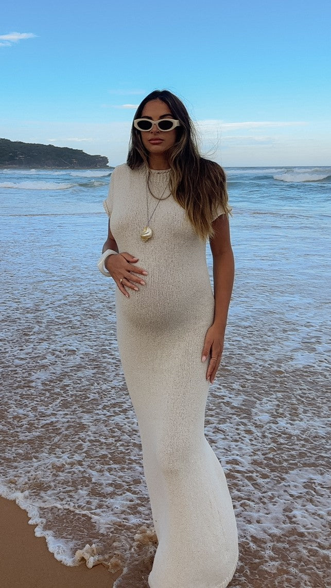 Valise Stretch Knit Maxi Dress with Ribbed Neckline – Sand – view 11