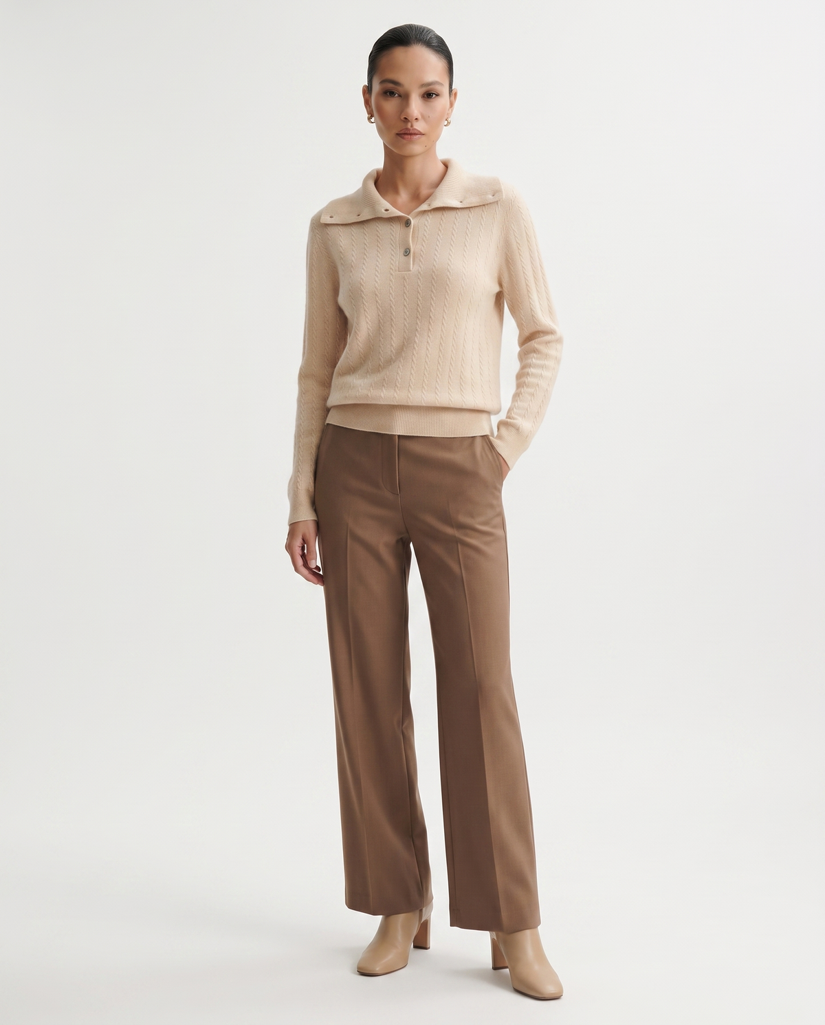 Pure Cashmere Button Polo Collar Jumper with Shaped Waist – view 14