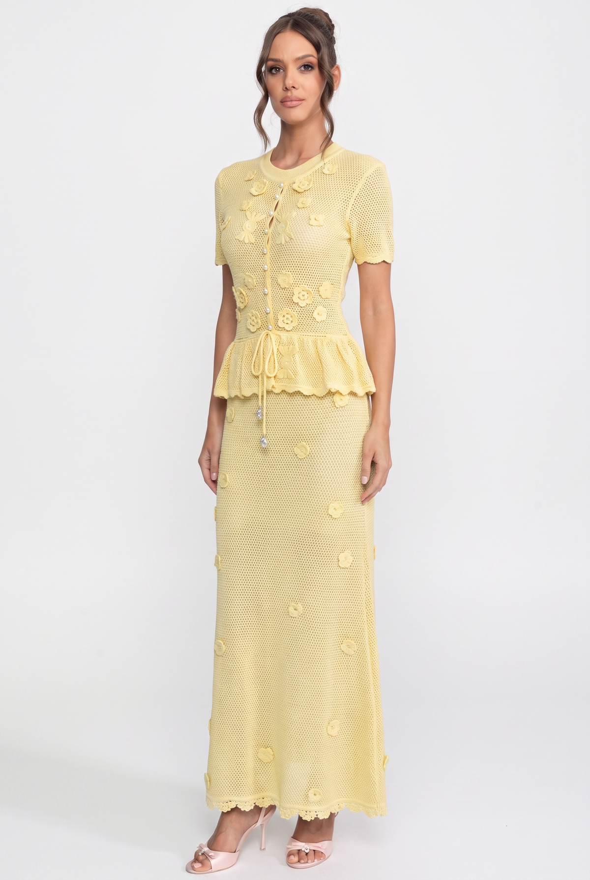 Floral Crochet Peplum Maxi Dress with Drawstring Waist – Yellow – view 1
