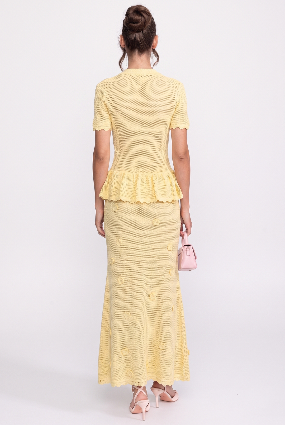 Floral Crochet Peplum Maxi Dress with Drawstring Waist – Yellow