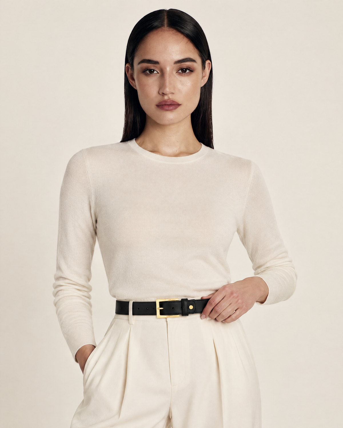 Stacey Faux Leather Belt with Gold Detailing – Black worn by model
