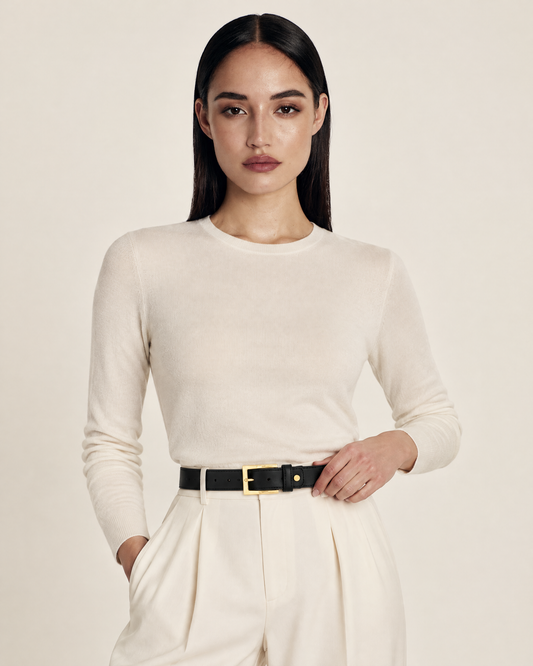 Stacey Faux Leather Belt with Gold Detailing – Black worn by model
