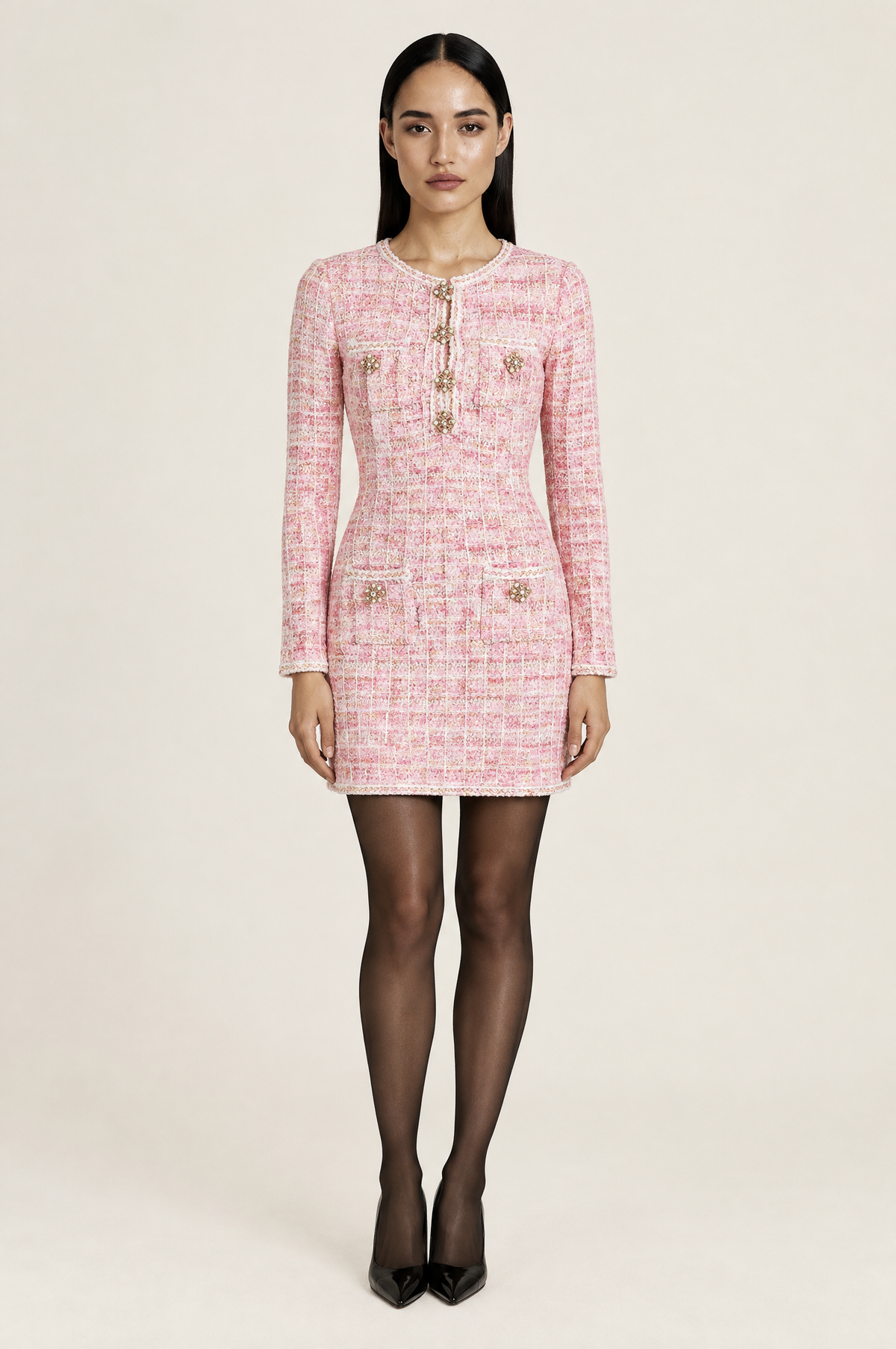 Long Sleeve Check Tweed Mini Dress with Jewel Buttons – Pink worn by model