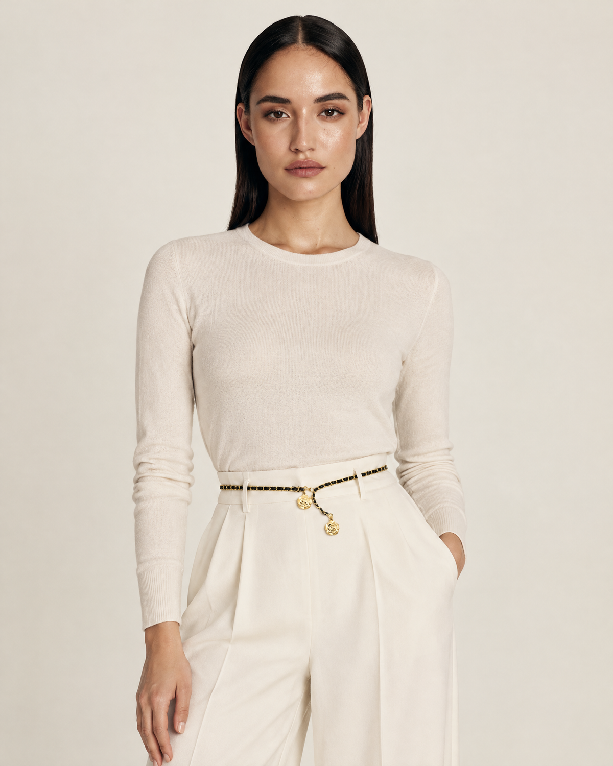 Skinny Vegan Leather Belt with Gold Pendant Detail – Black worn by model