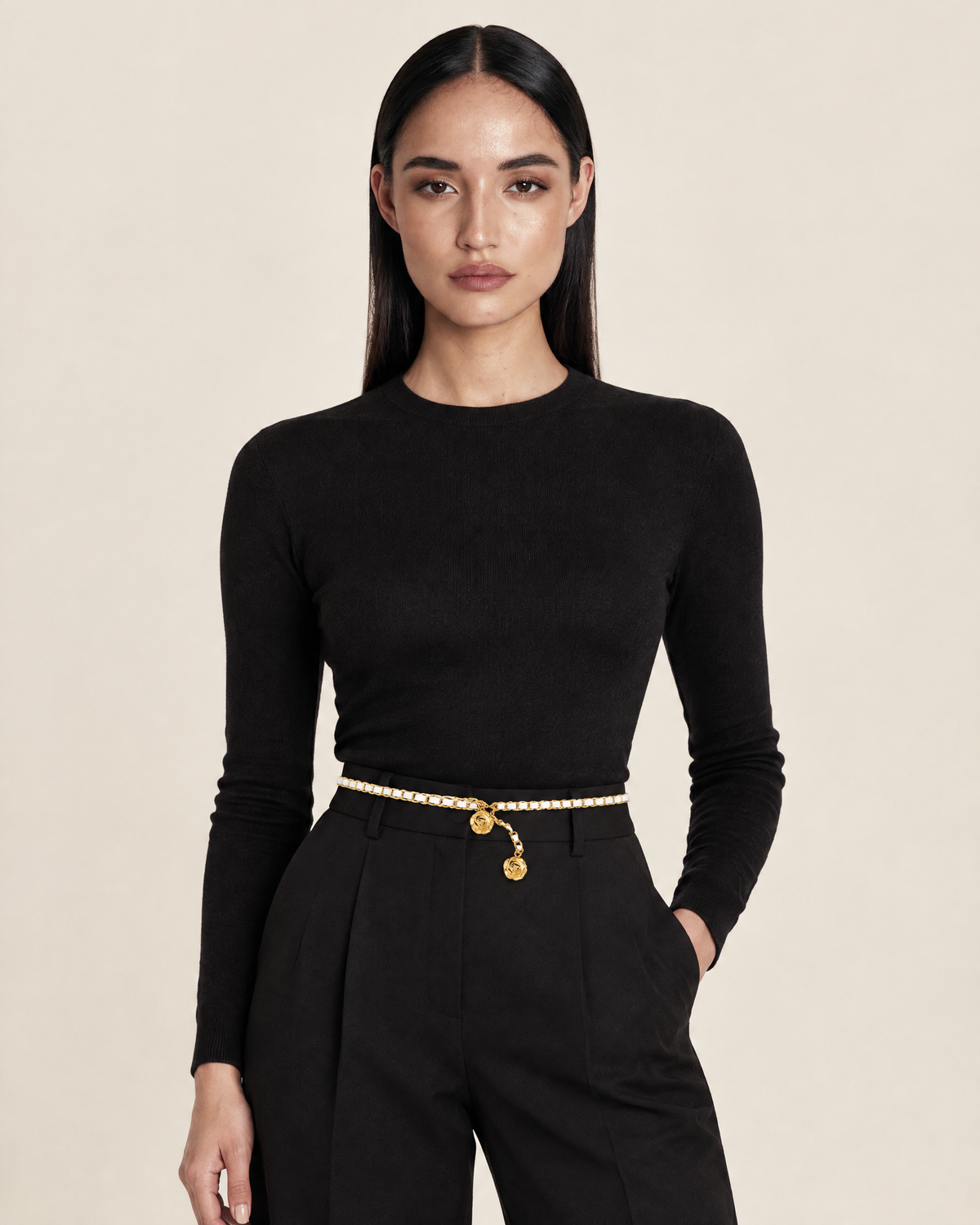 Skinny Vegan Leather Belt with Gold Pendant Detail – White worn by model