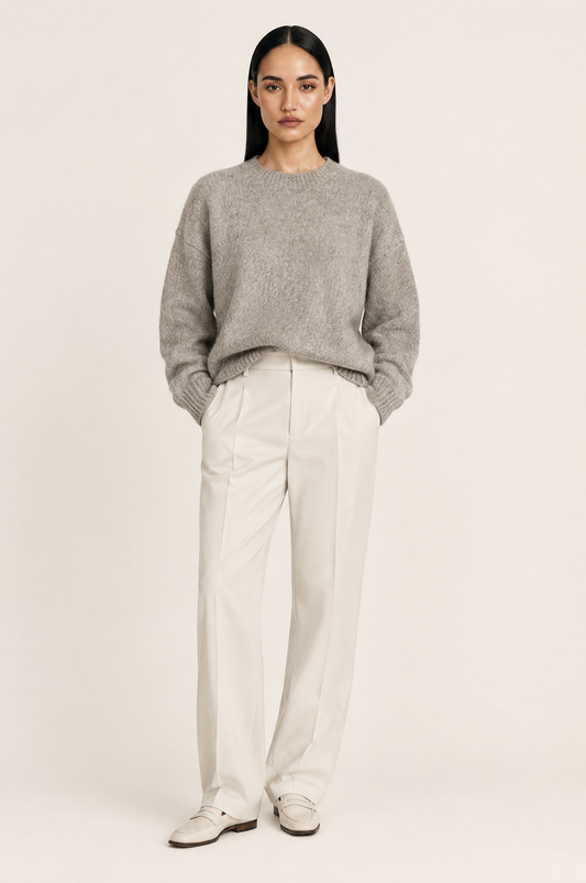 Vintage-Inspired Oversized Patterned Alpaca Blend Jumper worn by model