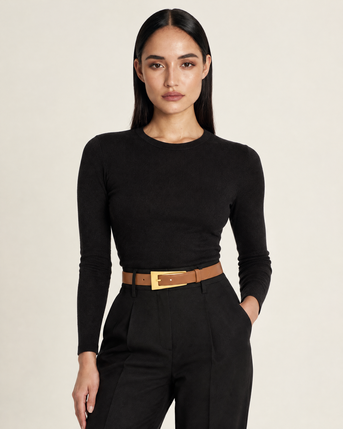 Stacey Faux Leather Belt with Gold Detailing – Latte worn by model