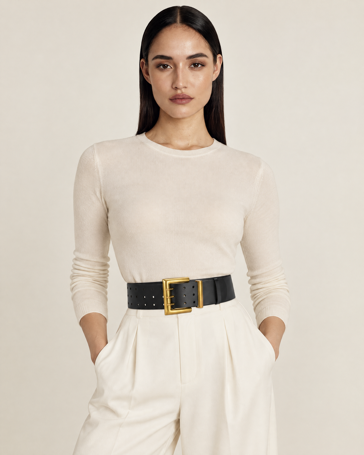 Wide Real Leather Belt with Gold Details and Perforated Front – Black worn by model