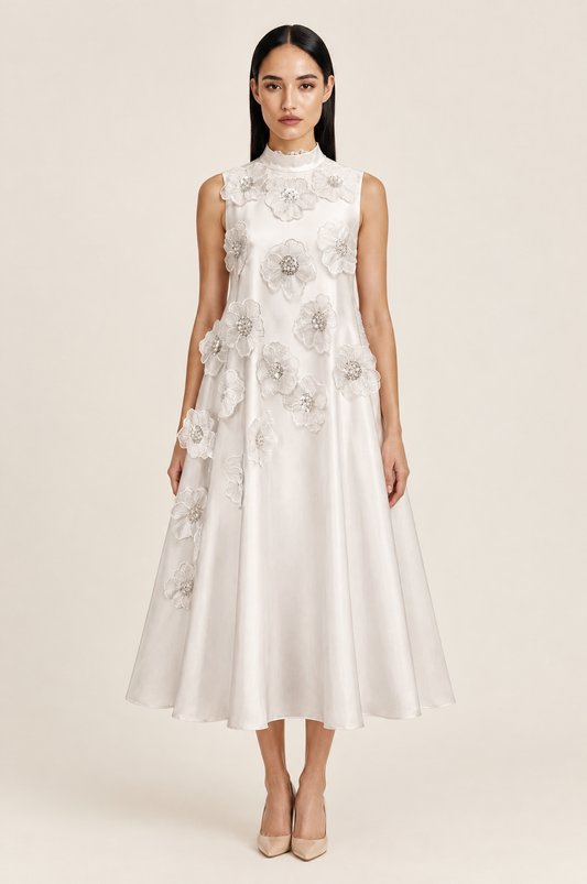 Sleeveless High Collar A-Line Dress with Floral Appliqués – White worn by model