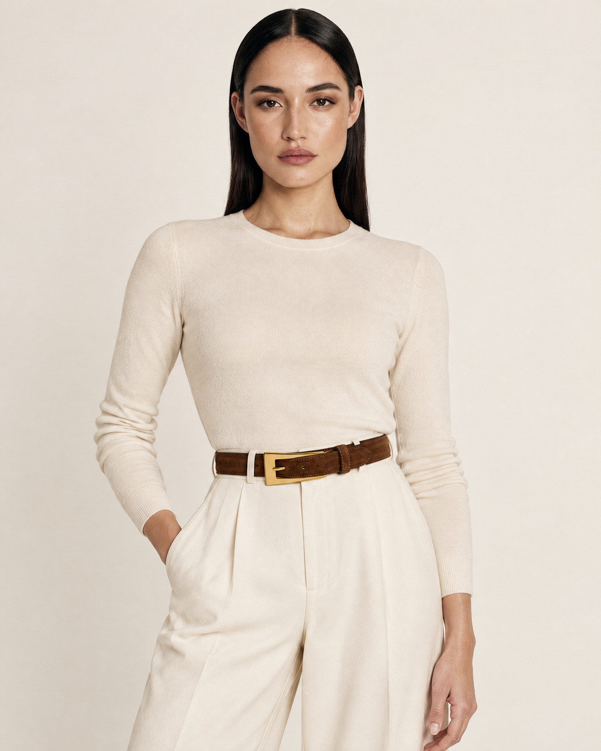 Stacey Faux Leather Belt with Gold Detailing – Chocolate worn by model