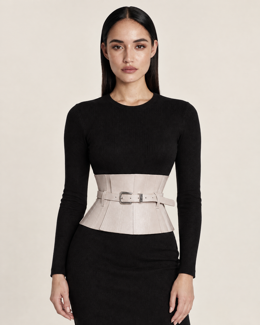 Wide Vegan Leather Adjustable Corset Belt with Silver Detail – Beige worn by model