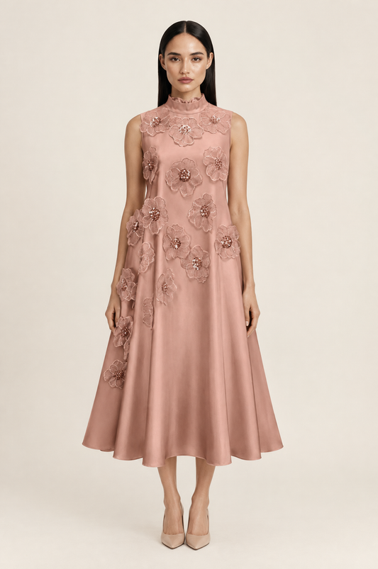 Sleeveless High Collar A-Line Dress with Floral Appliqués – Pink worn by model