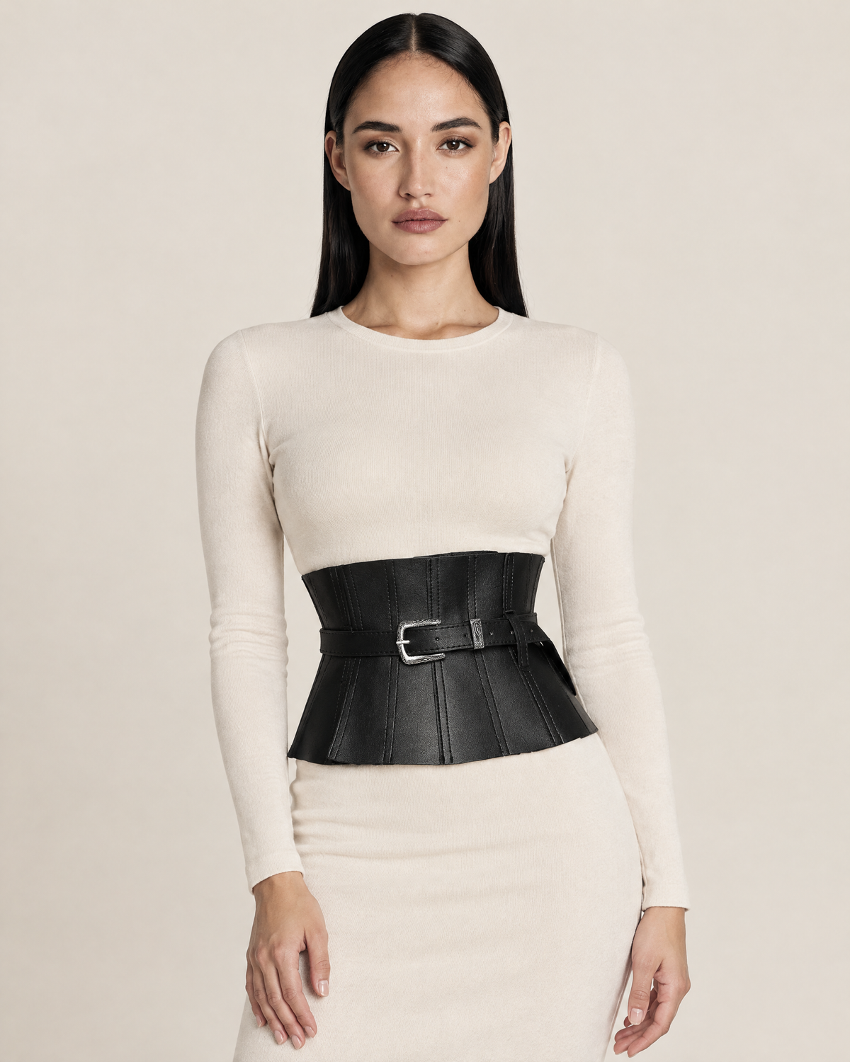 Wide Vegan Leather Adjustable Corset Belt with Silver Detail – Black worn by model