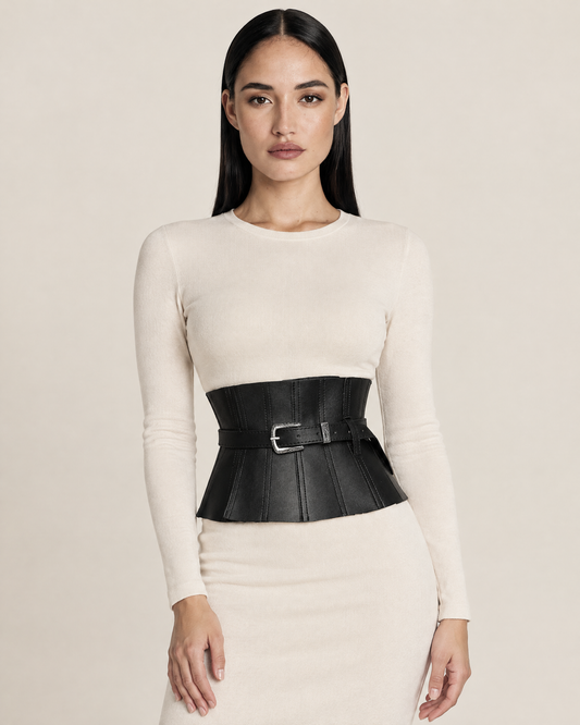 Wide Vegan Leather Adjustable Corset Belt with Silver Detail – Black worn by model
