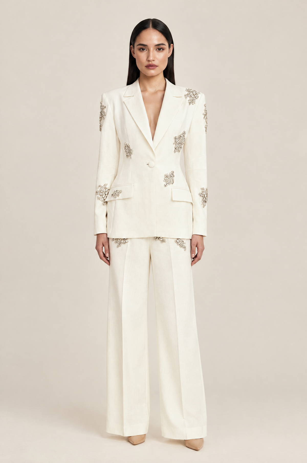Floral Embellished Double-Breasted Blazer and Wide-Leg Trouser Suit – White worn by model