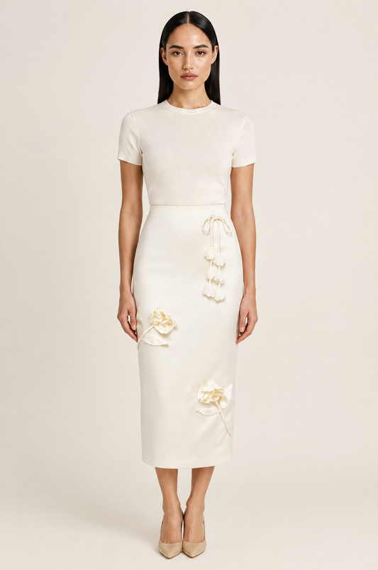 Satin Midi Pencil Skirt with 3D Floral Appliqués – Ivoire worn by model