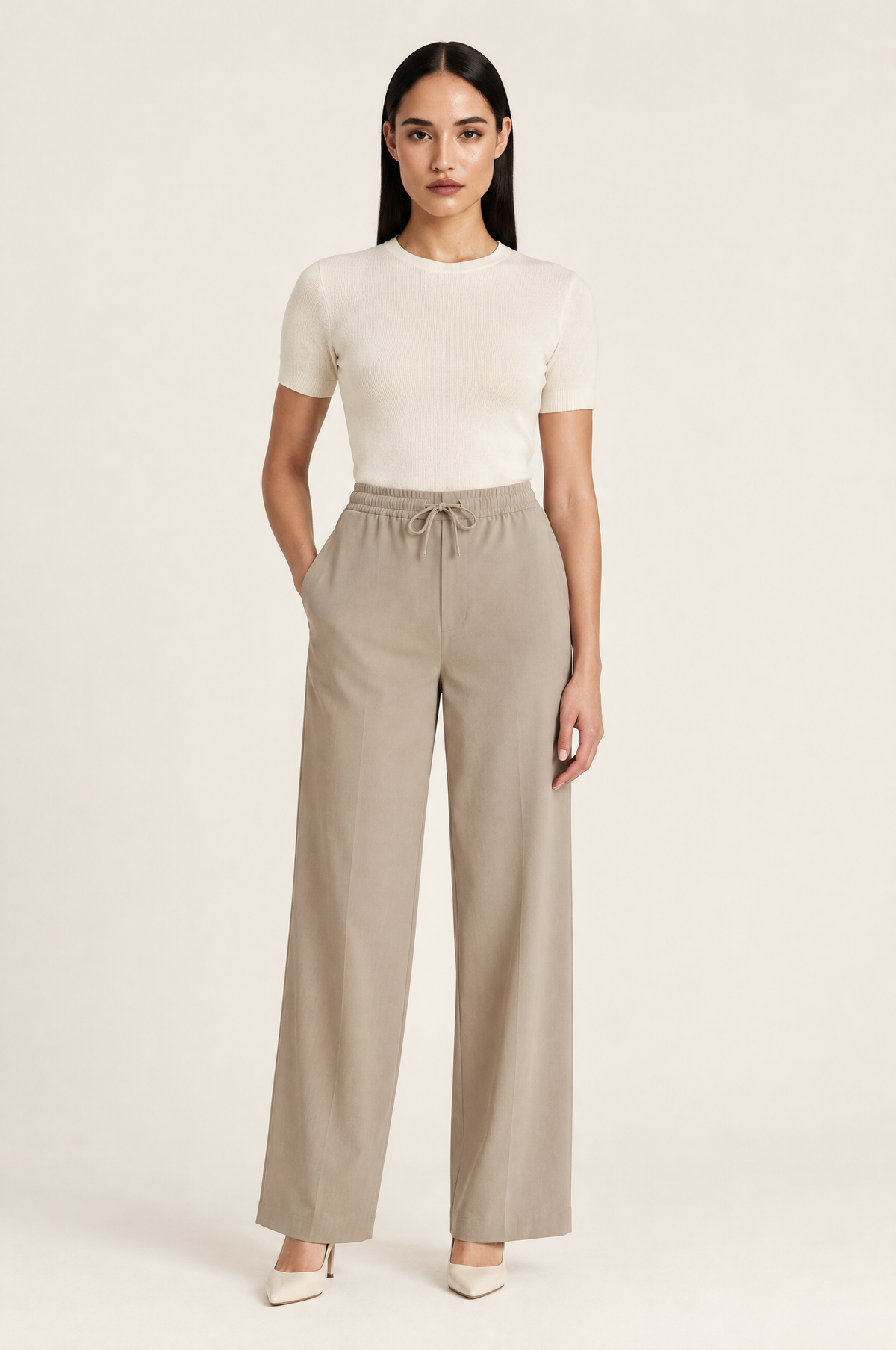 Karol High Waisted Wide Leg Trousers with Drawstring Contrast Waistband worn by model
