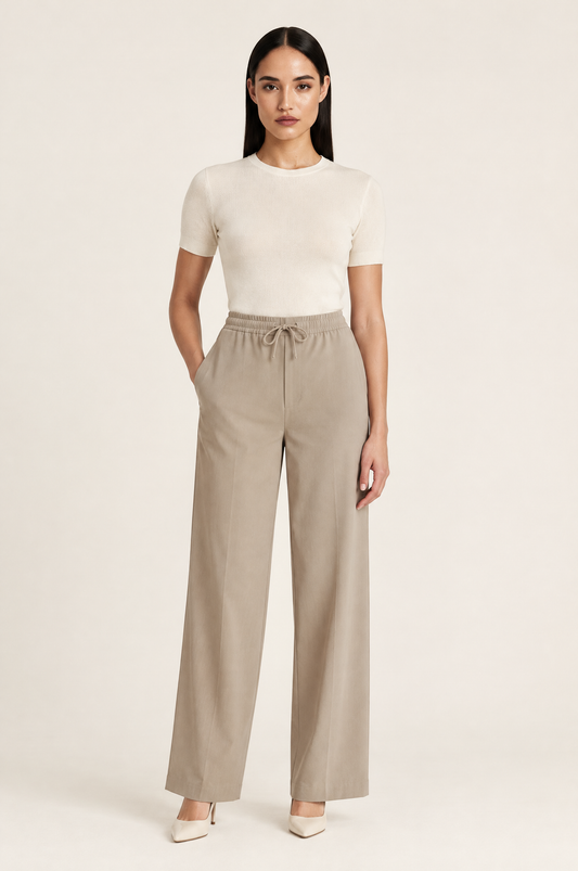 Karol High Waisted Wide Leg Trousers with Drawstring Contrast Waistband worn by model