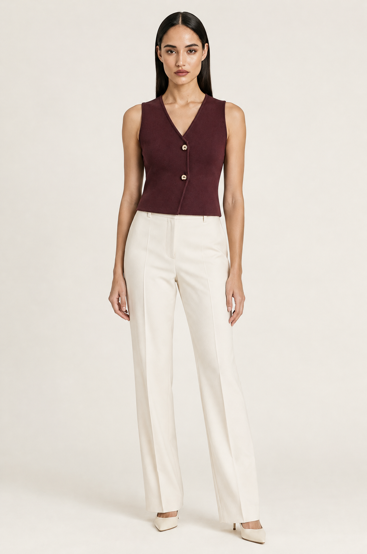 Marbella Fitted Lightweight Knitted Vest Top with Ribbed Hem worn by model